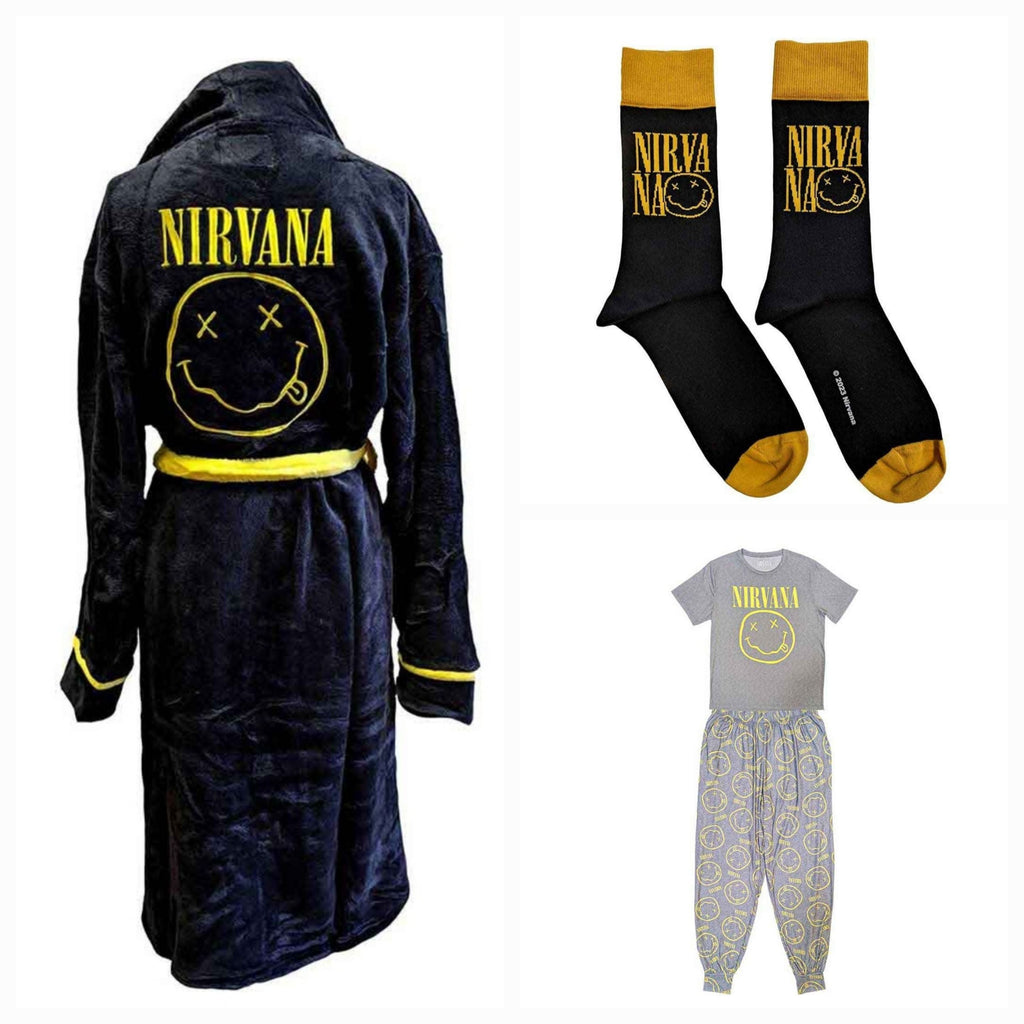 Official Nirvana Deluxe Lounge Bundle – Smiley Pyjama Set + Fleece Dressing Gown + Socks