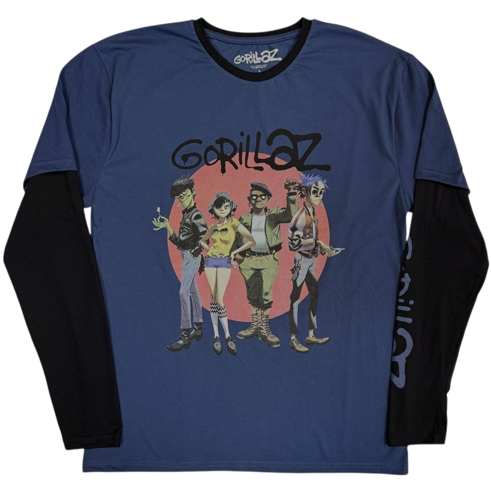 Official Licensed Gorillaz 'Group Circle Rise' Layered Long Sleeve T-Shirt - Unisex Black/Denim (Selling Fast!)