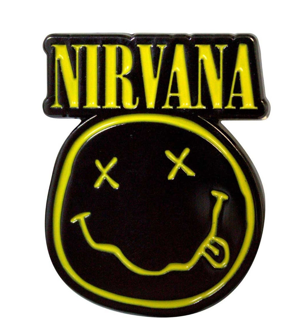 Official Nirvana 'Logo & Happy Face Cut-Out' Pin Badge - Black Dye | Grunge Gift