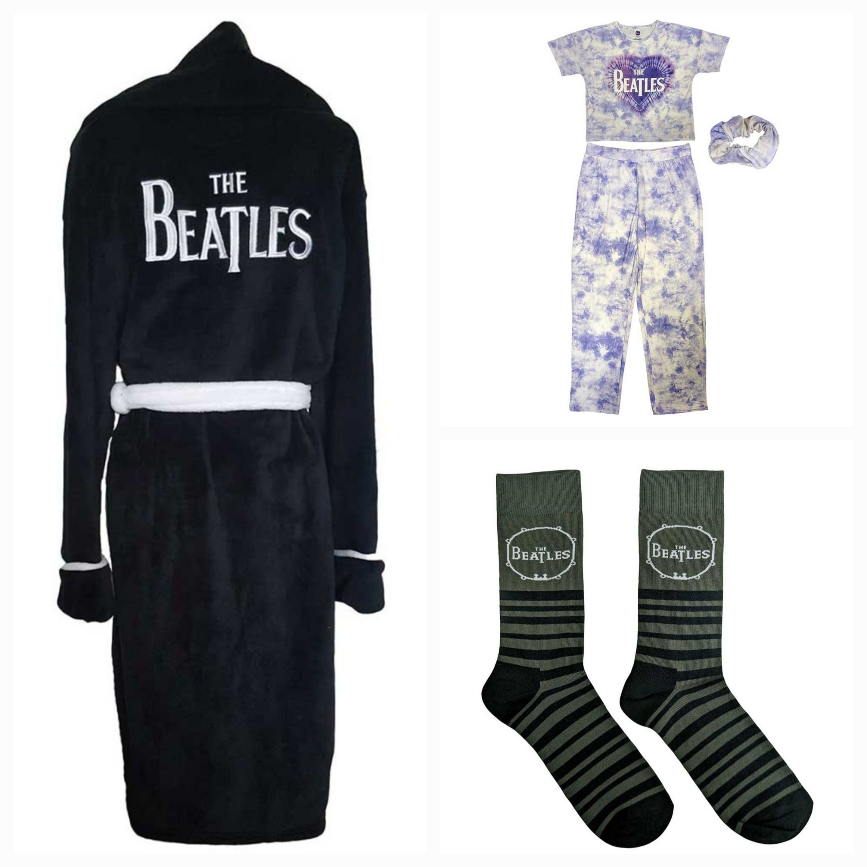 Official The Beatles Ultimate Lounge Bundle – Tie-Dye Pyjama Set + Luxe Dressing Gown + Scrunchie + Socks