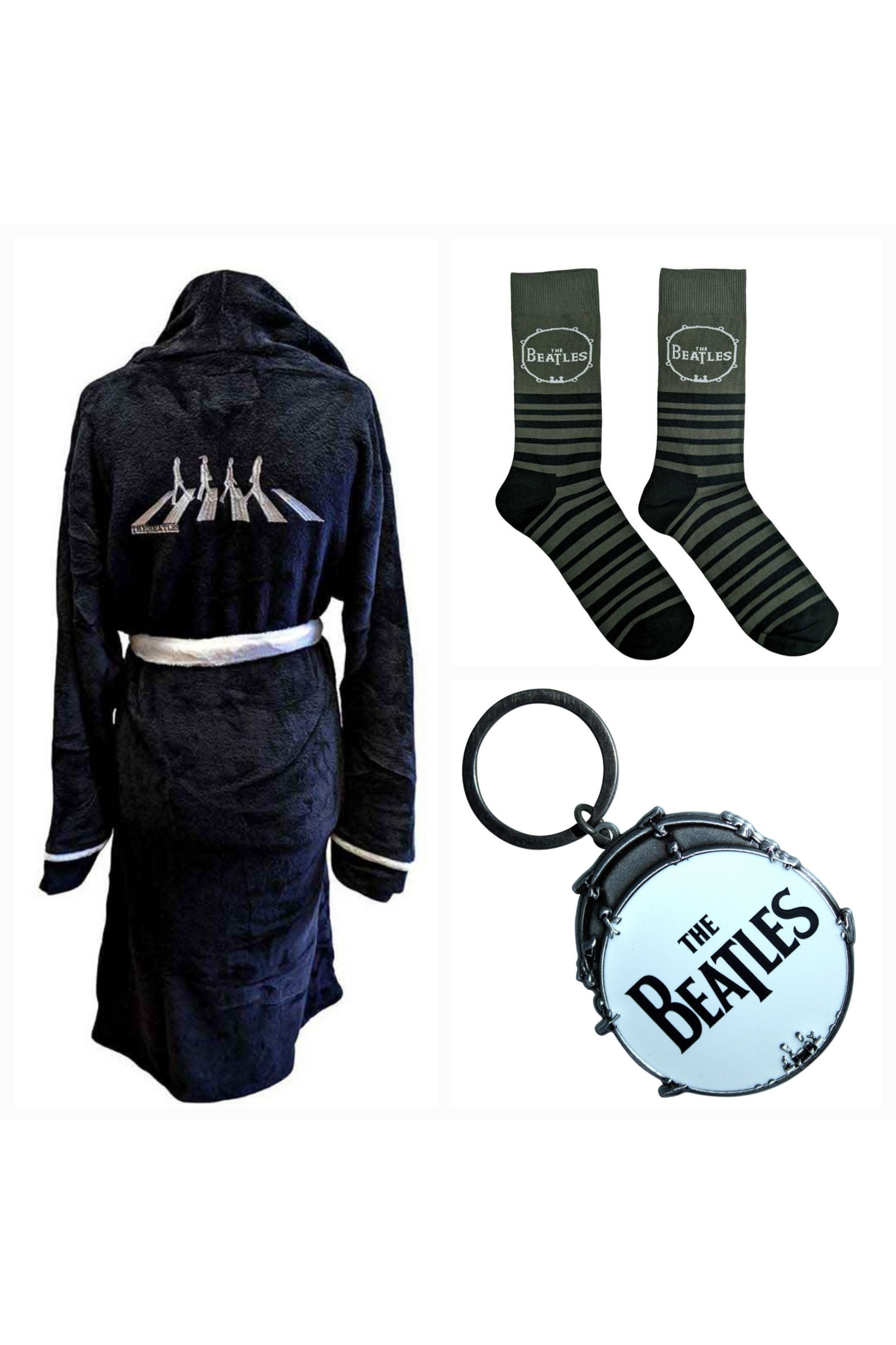Official The Beatles Abbey Road Lounge Gift Bundle – Dressing Gown + Socks + Drum Keyring